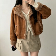批发实拍 韩系焦糖羊羔毛外套女短款宽松翻领<b class='q'>秋</b>冬加厚毛绒夹克
