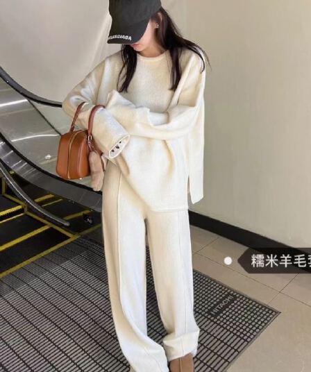 한국 chic 고급 센스 미니멀리즘 단색 길다 소매 위버 가을 새로운 캐주얼 외출용 긴 바지 세트