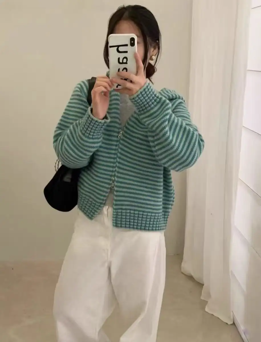 스트라이프 후드 가디건