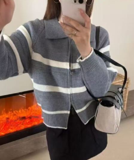 한국 chic 스트라이프 스웨터 여자 2026 새로운 가을 겨울 니트 오픈 가디건 한국 동다 문에 외투