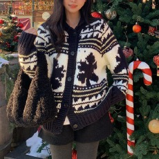 批发<b class='q'>韩国</b>博主 北欧风费尔岛毛衣开衫 复古提花加厚粗针宽松保暖<b class='q'>外套</b>女