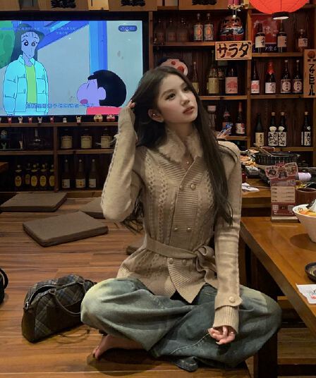 천 골드 사실 토끼털 모피 칼라 니트 오픈 가디건 여성 품격 꽈배기 스웨터 코트 맨위