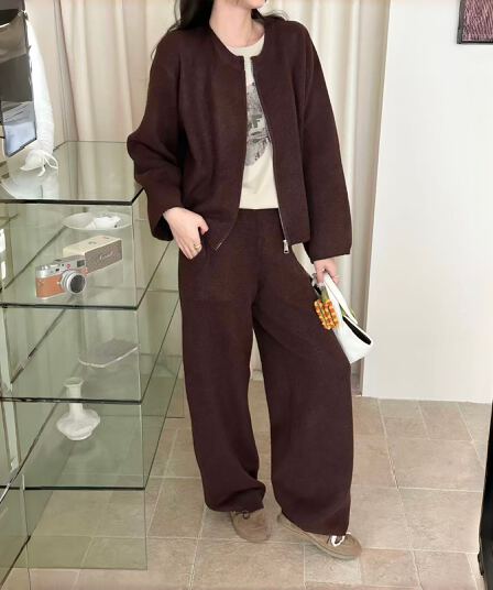실사 한국 보 주님 캐주얼 니트 세트 지퍼 재킷 도루 가을 와이드 레그 팬츠 분위기 센스 투피스 세트