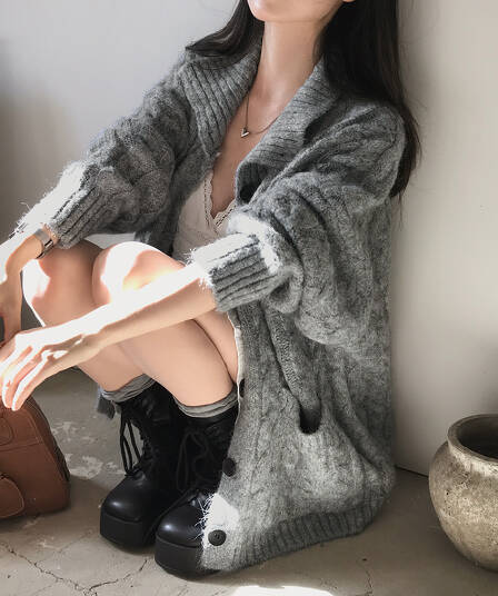 한국 chic 가을 겨울 한 부서 학원 스타일 두꺼운 꽃 루즈핏 느긋한 스웨터 카디건 코트