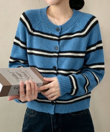실사 한국 ins 스트라이프 스웨터 오픈 가디건 라운드 넥 싱글 줄 버튼 니트 여성 코트 가을 겨울 새로운