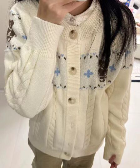 새로운 작은 곰 자카드 공정한 섬 오픈 가디건 스웨터 여자 겨울 새로운 부드러운 찹쌀 바람 니트 맨위 재킷