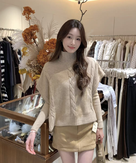 2026 보 주님 추천 세련된 터틀넥 꽈배기 숄 베스트 긴팔 기본 셔츠 세트 여성 의류 투피스 세트