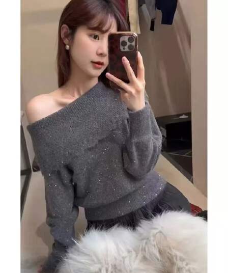 단어 어깨 스웨터 여자 가을 겨울 외출용 루즈핏 느긋한 고급 센스 오프숄더 니트 스웨터