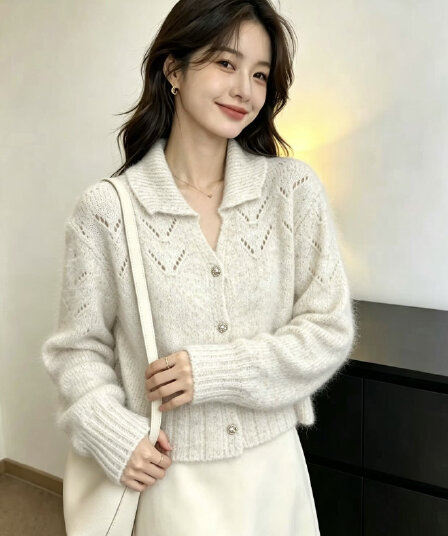 26 가을 겨울 새로운 부드러운 느긋한 바람 작은 정사각형 칼라 홀로우 아웃 니트 오픈 가디건 여성 패션 루즈핏 스웨터 코트