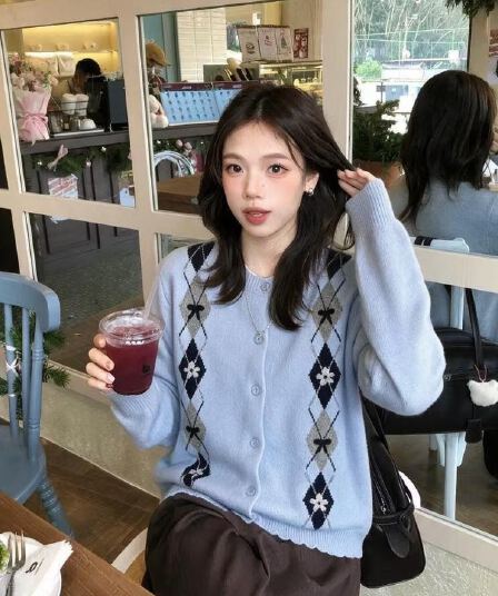 한국 ins 바람 링 그리드 자카드 니트 오픈 가디건 여성 부드러운 찹쌀 분위기 센스 레이스 스웨터 코트