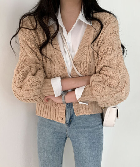한국 chic 가을 겨울 연령 감소 꽈배기 스웨터 여성 코트 루즈핏 다용도 V넥 벌룬 소매 쇼트 스타일 니트 스웨터 여성