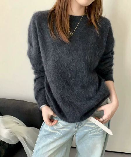 한 부서 단색 라운드 넥 풀오버 스웨터 여자 가을 겨울철 새로운 느긋한 부드러운 찹쌀 루즈핏 니트 스웨터 고급 센스 맨위