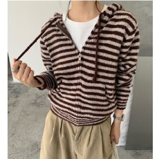 批发韩系通勤条纹定律连帽短款针织毛衣<b class='q'>开衫</b><b class='q'>女</b>秋冬季软糯宽松显瘦上衣