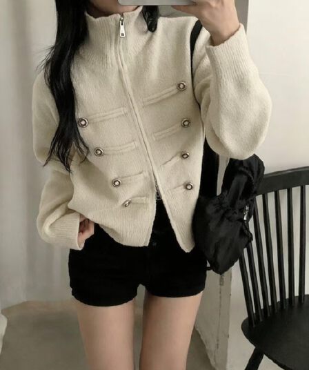 있음 선적 한 부서 다용도 두꺼운 스탠드 칼라 더블 지퍼 긴팔 니트 오픈 가디건 스웨터 코트 여성
