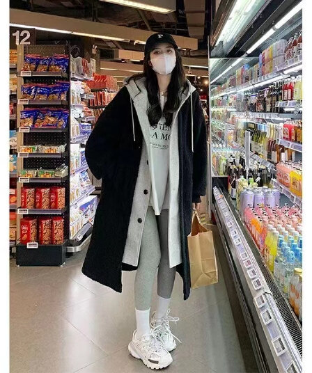 한국 chic 가을 겨울 새로운 롱 코트 페이크 레이어드 후드 치마 재킷 양털 플리스 다용도 루즈핏 패션 재킷