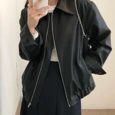 批发韩国chic秋季个性帅气翻领拉链设计宽松休闲长袖<b class='q'>机车</b>服<b class='q'>皮衣</b>外套女