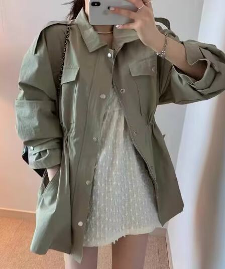 한국 chic 가을 레트로 품격 폴로 칼라 당겨서 사슬 어둠 버클 펌프 Pleat 허리 수축 슬림해 보이는 다용도 바람막이 여성 코트