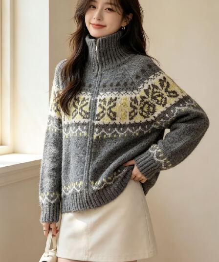 프랑스식 레트로 폴로 칼라 더블 지퍼 자카드 디자인 센스 니트 오픈 가디건 여성 느긋한 루즈핏 스웨터 코트 맨위 트렌디