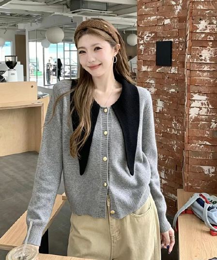 한국 스타일 품격 폴로 칼라 레이스업 배색 싱글 줄 버튼 니트 스웨터 스웨터 코트