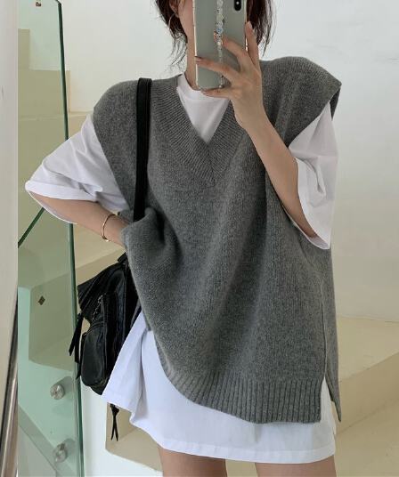 한국 ins 루즈핏 다용도 레트로 V넥 느긋한 작은 대중 양면 트임 스웨터 조끼 여자