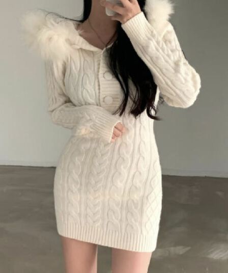 2026 신제품 순수한 욕망 바람 몸매 가꾸기 슬림해 보이는 심지어 모자 밴드 모피 칼라 꽈배기 쇼트 스타일 드레스 타이트 스커트