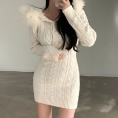 批发2026新品纯欲风修身显瘦连帽带毛领麻花短款连衣裙包臀裙