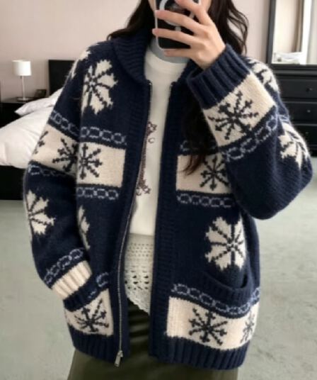 chic 한 부서 레트로 공정한 섬 자카드 재킷 가을 겨울 느긋한 바람 루즈핏 스웨터 오픈 가디건 여성