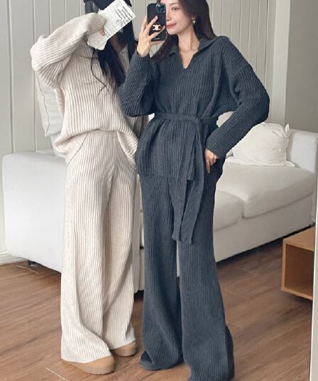 한국 가을 겨울 느긋한 바람 단색 V넥 느긋한 루즈핏 스웨터 미니멀리즘 다용도 캐주얼 바지 투피스 슈트