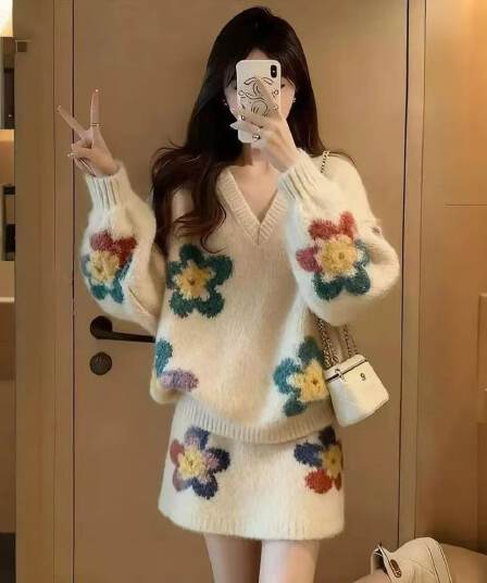 겨울 코디 전체 집합 고유 한 패션 고급 센스 슈퍼 잘 생긴 느긋한 부드러운 찹쌀 스웨터 반신 스커트 투피스 슈트