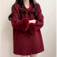 批发实拍 韩国 蝴蝶结双面呢大衣女冬季 <b class='q'>狐狸毛</b>袖口毛呢外套