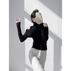 批发美式复古韩系露肩设计高领毛针织衫秋<b class='q'>冬</b>内搭显瘦上衣女