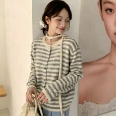 批发韩系高级感慵懒风<b class='q'>条纹</b>撞色针织开衫女毛衣外套长袖秋冬季上衣
