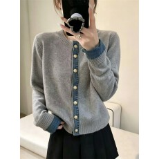 批发牛仔衬衫领拼接<b class='q'>假两件</b>毛衣女秋冬新款韩系chic高级感针织外套