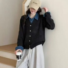 批发韩系<b class='q'>假两件</b>牛仔翻领拼接毛衣春秋女装新款学院风针织长袖开衫<b class='q'>上衣</b>