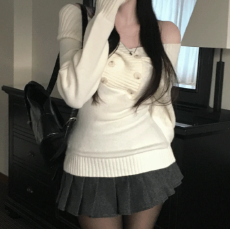 批发<b class='q'>一字肩</b>针织毛衣女秋冬季2026新款韩系别致独特超好看气质内搭上衣