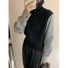 批发韩系灰色假两件针织马甲女<b class='q'>学院风</b>条纹<b class='q'>衬衫</b>拼接polo毛衣