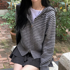 韩国东大门撞色条纹连帽加厚毛衣女宽松针织开衫外套