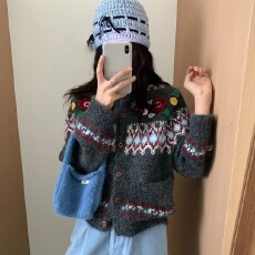 批发韩系穿搭复古费尔岛立体钩花毛衣外套<b class='q'>女</b>秋冬2026新款减龄针织<b class='q'>开衫</b>