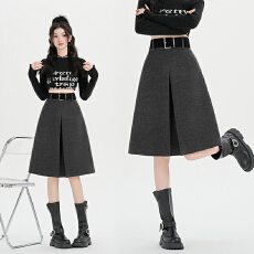 批发毛呢<b class='q'>百褶裙</b>女2025新款冬季百搭a字中短裙高级感深灰色毛呢<b class='q'>半身裙</b>