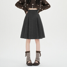 批发实拍2025新款灰色<b class='q'>韩版</b>毛呢百褶半身裙女高腰显瘦a字气质百搭中裙