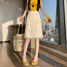 批发实拍2026夏复古高腰显瘦波点半身裙气质百搭<b class='q'>蕾丝拼接</b>裙摆a字中裙