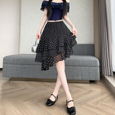 批发2026夏不规则设计感波点雪纺花瓣裙荷叶a字蛋糕裙圆点中裙半身裙