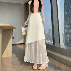 批发2026实拍夏新款西装半身裙女气质不规则A字伞裙雪纺拼接包臀<b class='q'>长裙</b>