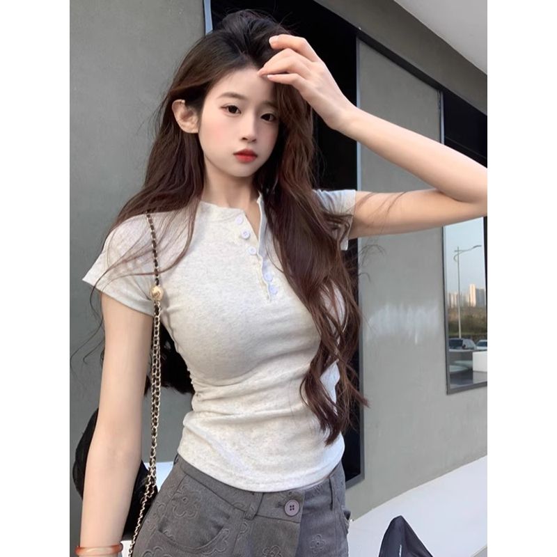 MY10813# 半开领纽扣纯色紧身短袖t恤正肩上衣女裝貨源服裝批發