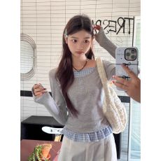批发原版做工2025灰假两件正肩t恤女长袖内搭设计感修身显瘦甜辣<b class='q'>上衣</b>