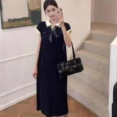 批发40支酷丝爽棉】高级感撞色Polo领<b class='q'>短袖</b>连衣裙女胖mm小个子长裙子