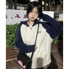 批发加绒撞色拼接开衫<b class='q'>连帽卫衣</b>女冬季oversize宽松学生慵懒风外套潮