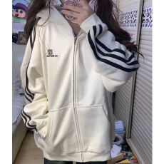 批发美式复古条纹卫衣开衫外套女秋冬加绒加厚连帽宽松慵懒风拉链上衣