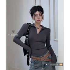 批发原版做法】短款高领内搭<b class='q'>T</b><b class='q'>恤</b>女春秋新款修身<b class='q'>长袖</b>打底衫灰色上衣