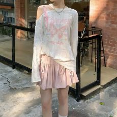 批发破洞布】韩版宽松印花字母学生薄款圆领<b class='q'>长袖</b>露肩<b class='q'>T</b><b class='q'>恤</b>上衣女秋季